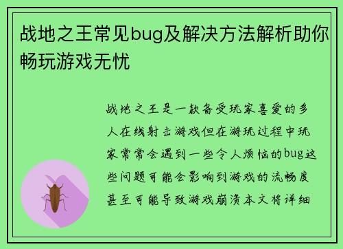 战地之王常见bug及解决方法解析助你畅玩游戏无忧
